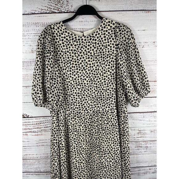 H&M Dress Women's Small White Floral Tiered Swing Midi Puff Sleeve Ruffle Hem - Picture 2 of 9
